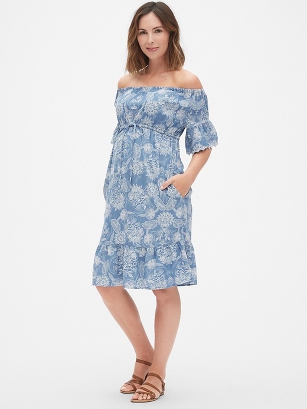 Gap Off-Shoulder Blue Floral Maternity Dress in TENCEL - Picture 2 of 6